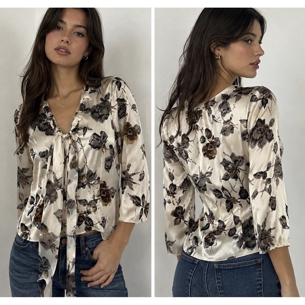 Doncaster Vintage Y2K Floral Silk Tie Neck Blouse Women's L Romantic Boho